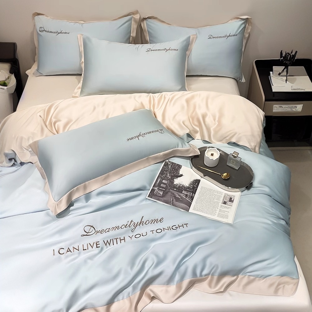 Silk Sheet Set - ชุดเครื่องนอนผ้าไหมน้ำแข็งสี่ชิ้น ระดับไฮเอนด์ เนื้อผ้าเนียนนุ่ม สีพื้น หรูหรา ให้ความรู้สึกเหมือนนอนเปลือยเปล่า
