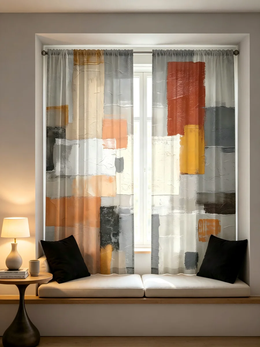 Curtain Sheer Voile - ม่านโปร่งแสงพิมพ์ลายดิจิทัล 2 ชิ้น, ลายเรขาคณิตสีสัน, ศิลปะนามธรรมสมัยใหม่ -