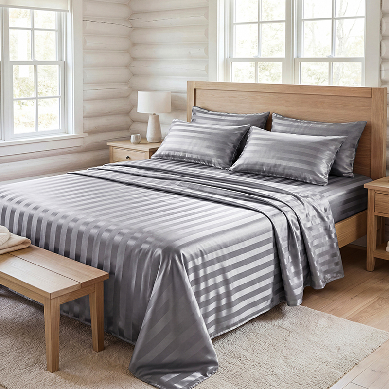 Silk Sheet Set - ชุดผ้าปูที่นอนลายทางผ้าซาตินกันยับ ชุดเครื่องนอนเนื้อผ้าเย็นสบาย พร้อมผ้าปูที่นอนแบบรัดมุมขอบลึก ผ้าปูที่นอนแบบเรียบ และปลอกหมอน