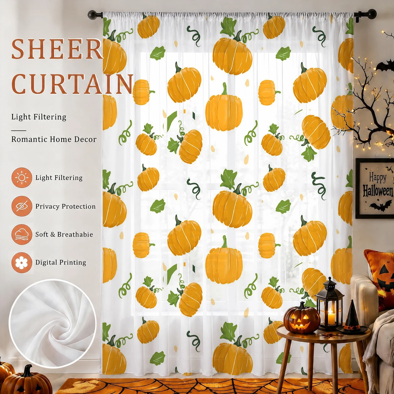 Curtain Sheer Voile - ผ้าม่านโปร่งแสงสำหรับฮาโลวีน พร้อมช่องร้อยราวม่าน ของขวัญฮาโลวีน ผ้าม่านโปร่งแสงกรองแสงเพื่อความเป็นส่วนตัวสำหรับห้องนั่งเล่น ห้องนอน ห้องเด็ก